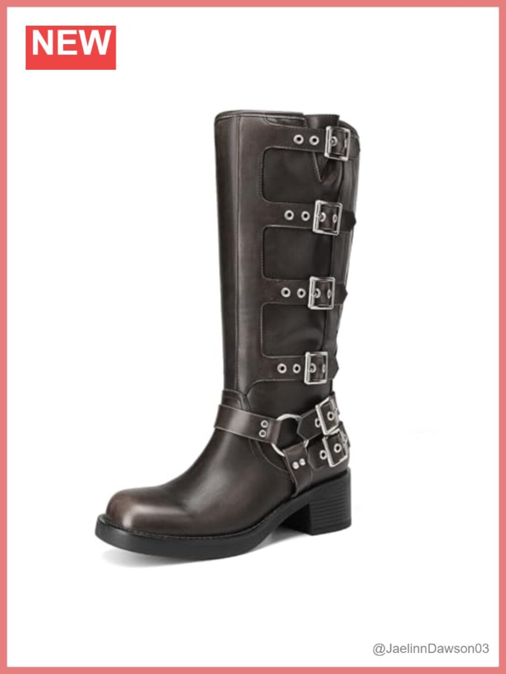 Women's Knee High Riding Boots Chunky Heel Biker Buckle Faux Leather